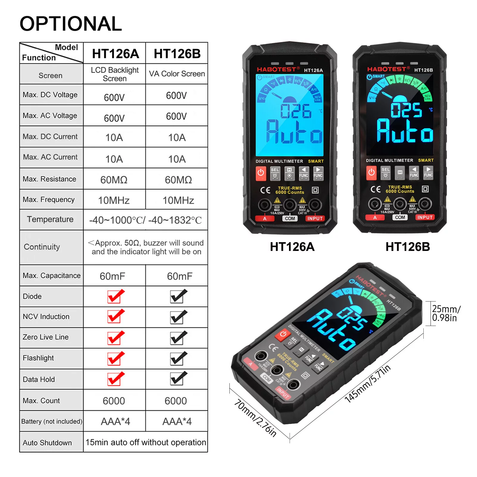HABOTEST HT126B Smart Digital Multimeter 6000 Counts True RMS Auto-ranging VA Color Screen Electrical Tester Voltmeter Ammeter Measuring Multifunction AC DC Voltage Current Capacitance Resi