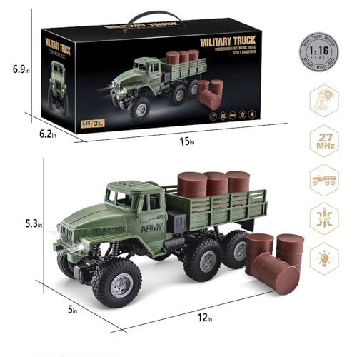 RC Military Truck 6x6 Road Remote Control Car 1/16 Scale Remote Control Truck 4WD All Terrain Rock Army Transport Vehicle Toy Vehicle for Kids Children Boy Gift