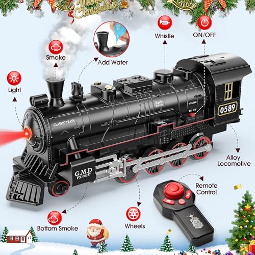 Hot Bee Train Set for Boys, Alloy Remote Control Train Sets with Steam Locomotive, Light Up Cars and Tracks, Electric Trains Set Toys for Toddler Kids, Christmas Toys Gifts for 3 4 5 6 7 8+ Year Old