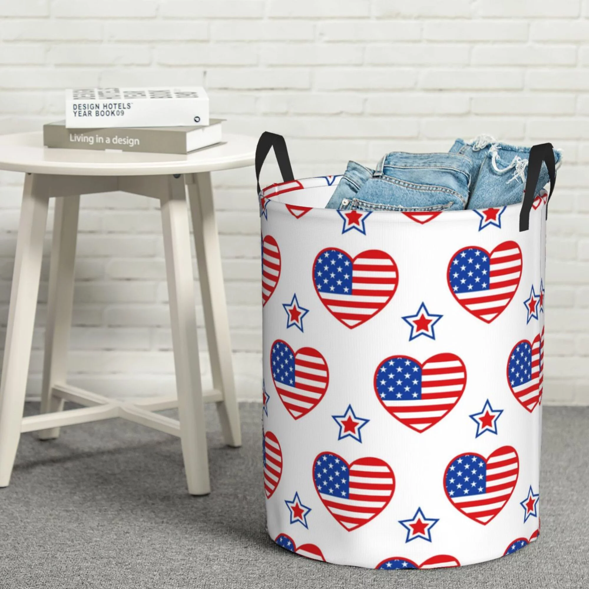 XMXY Round Laundry Basket Organizer, American Ornament Patriotic Star Waterproof Collapsible Dirty Clothes Basket Laundry Hamper, Medium Size