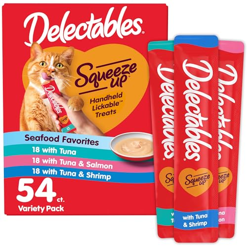 Delectables Squeeze Up Seafood Variety Pack, Creamy Squeezable Puree, Lickable Wet Cat Treats, Grain Free, No Added Fillers, No by-Products, No Added Preservatives, 0.5 Ounces Tube, 54 Tubes Total