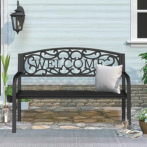 Outdoor Bench Garden Bench, Weatherproof Anti-Rust Heavy-Duty Outside Benches Clearance, Wrought Iron Metal Bench for Front Porch, Patio, Park