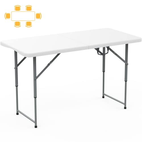 SKOK 330lbs Folding Picnic Table 8 Foot, 8FT Long Plastic Picnic Table Portable with Carry Handle, White Tailgating Utility Commercial Craft Table with Heavy Duty Frame for Party & Events