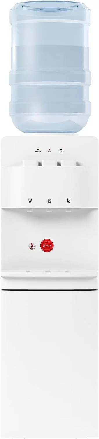 Muhub Top Loading Water Cooler Dispenser, Hot&Cold Water Cooler White Dispenser, Holds 3 or 5 Gallon Bottle, with Anti-Scalding Design, Storage Cabinet and Child Safety Lock for Home, Office Use