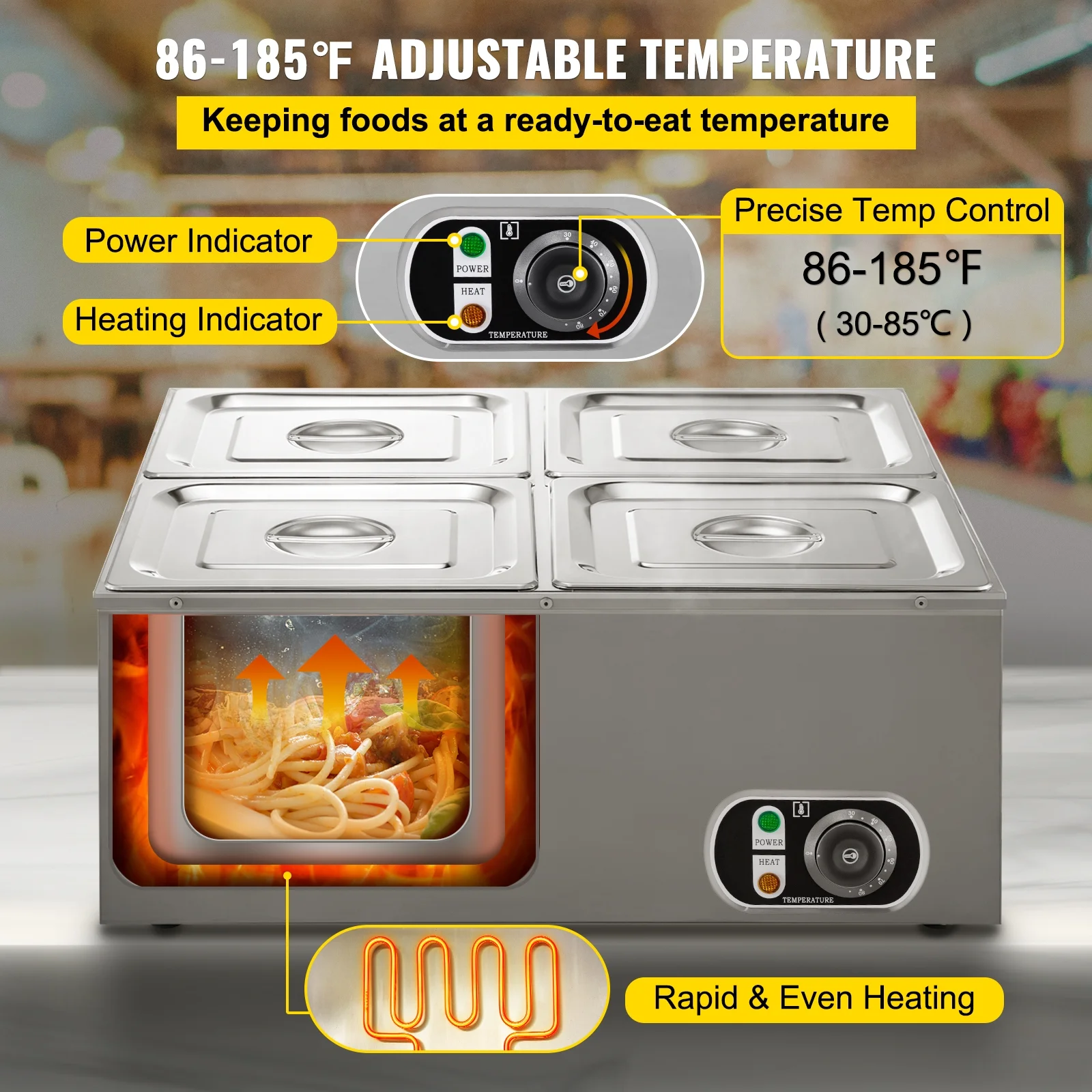 BENTISM 110V Commercial Food Warmer 4x1/4GN, 4-Pan Stainless Steel Bain Marie 24 Qt Capacity,1500W Steam Table 15cm/6inch Deep,Temp. Control 86-185℃, Electric Soup Warmer with Lids & 2 Ladles