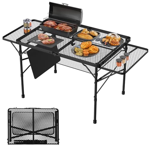3 FT Folding Grill Table, Portable Camping Table for Outside, 3 Adjustable Height Folding Table with Desktop, Lightweight Outdoor, Camping, Picnic, BBQ