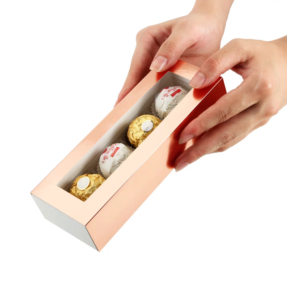PKGSMART 20 Rose Gold Truffle Box, Chocolate Box Packaging, Candy Boxes with 4-Piece Plastics Tray, 6.2x1.7x1.25 inches