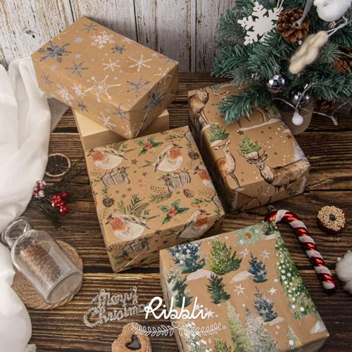 Ribbli 4 Rolls Christmas Wrapping Paper Vintage Kraft Wrapping Paper, 30 x 120 inch(10ft) Per Roll, 100 Sq Ft Total, Brown Kraft Paper with Winter Elements Pattern Snowflake/Tree/Reindeer/Bird
