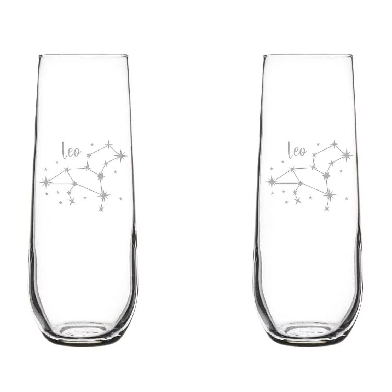 Set of 2 Glass Champagne Flutes Sparkling Wine Glasses Star Zodiac Horoscope Constellation 8.5 oz Stemless (Leo)