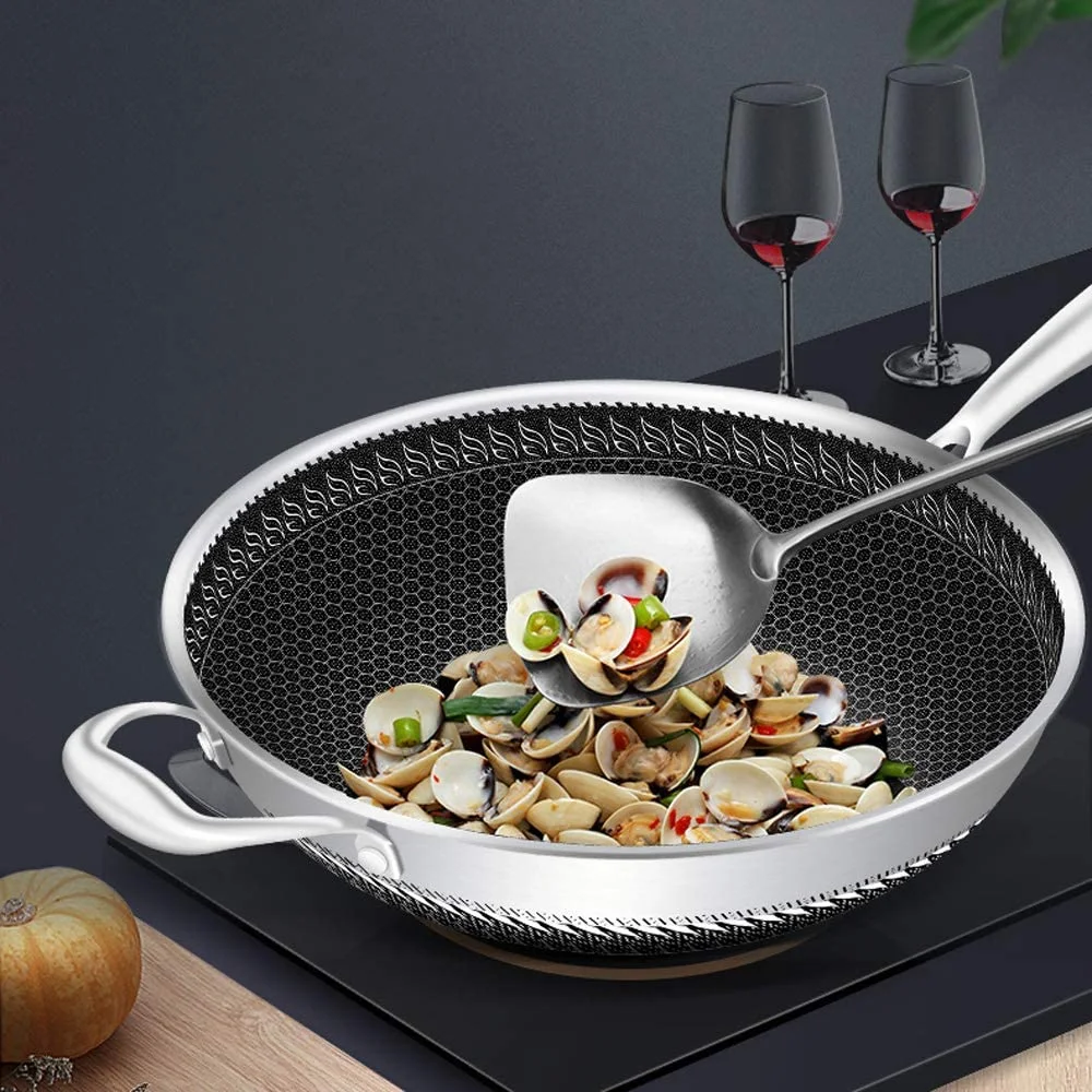 MIDUO Stainless Steel Non Stick Double Sided Honeycomb Cooking Frying Pan w/ Glass Lid