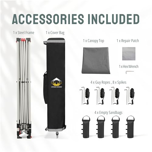 CROWN SHADES 10x10 Pop Up Canopy - Beach Tent with One Push Setup - Easy Outdoor Sun Shade for Events, Parties, Camping - Gazebo with STO-N-Go Cover Bag, Silver Coated Top, White