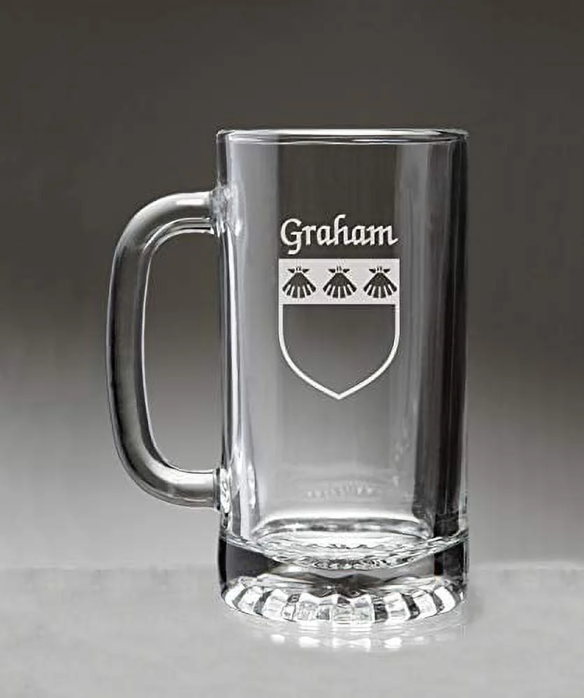 Graham Irish Coat of Arms Glass Beer Mug (Sand Etched)