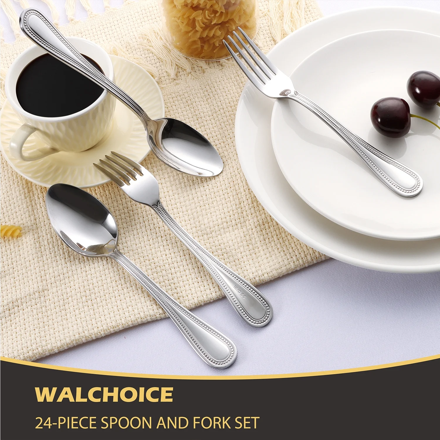 Walchoice 24-Piece Fork and Spoon Set, Stainless Steel Silverware Flatware Set for Party Wedding Banquet, Metal Eating Utensils Include 12 Dinner Fork & 12 Dinner Spoon - Pearled Edges