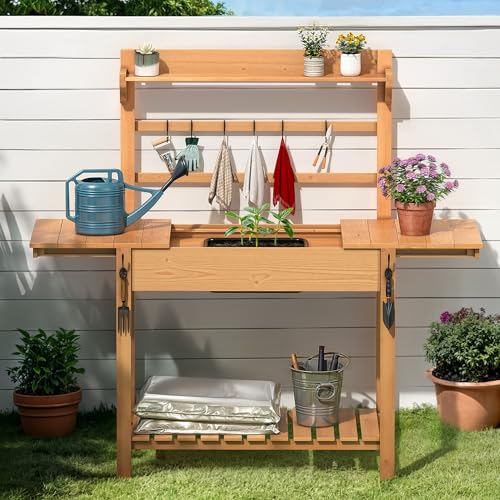 YITAHOME Potting Bench Table with Sink and Sliding Tabletop, Solid Wood Garden Table for Outside, Outdoor Wooden Workstation with Hooks and Storage Shelves for Porch, Patio, Balcony