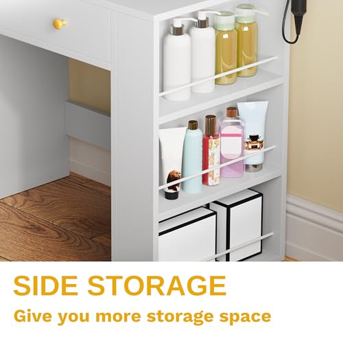 DWVO White Vanity Desk Set with XL LED Mirror, Glass Top, and 11 Drawers, 46'' Makeup Vanity with Storage Stool and Power Outlets