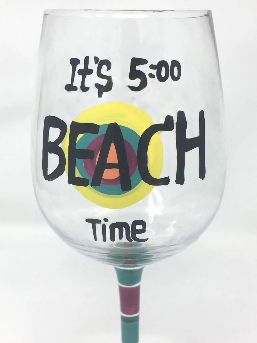Its 5:00 Beach Time Hand Painted Wine Glass Set