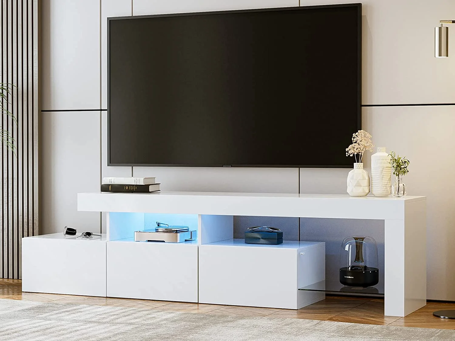 IKIFLY Modern LED TV Stand for 75+ inch TV, High Glossy Entertainment Center w/16 Colors Lights & 3 Cabinets, White TV & Media Console for Living Game Room Bedroom