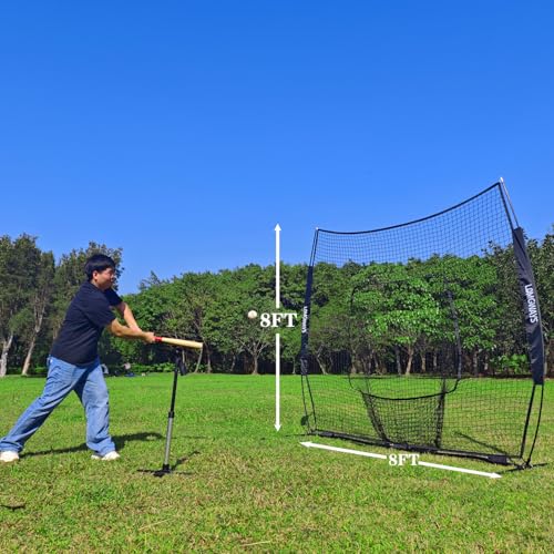 7x7ft/8x8ft Baseball Softball Net with Steel Frame for Batting, Hitting, Pitching, Portable Baseball Batting Net with Carry Bag, Great for All Levels