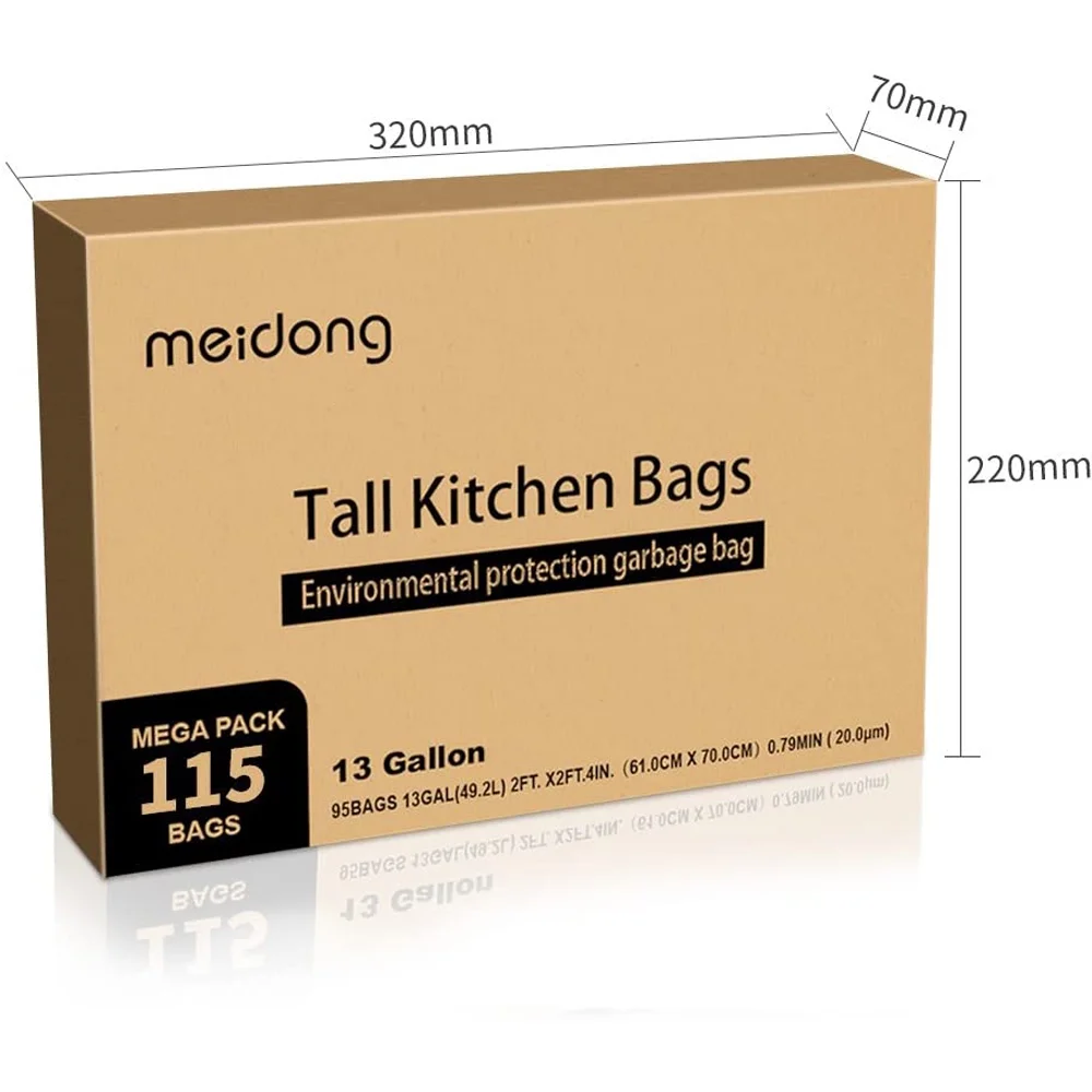 Trash Bags, Meidong Garbage Bag 13 Gallon Large Kitchen Drawstring Strong Bag, 5 Rolls/115 Pcs, White