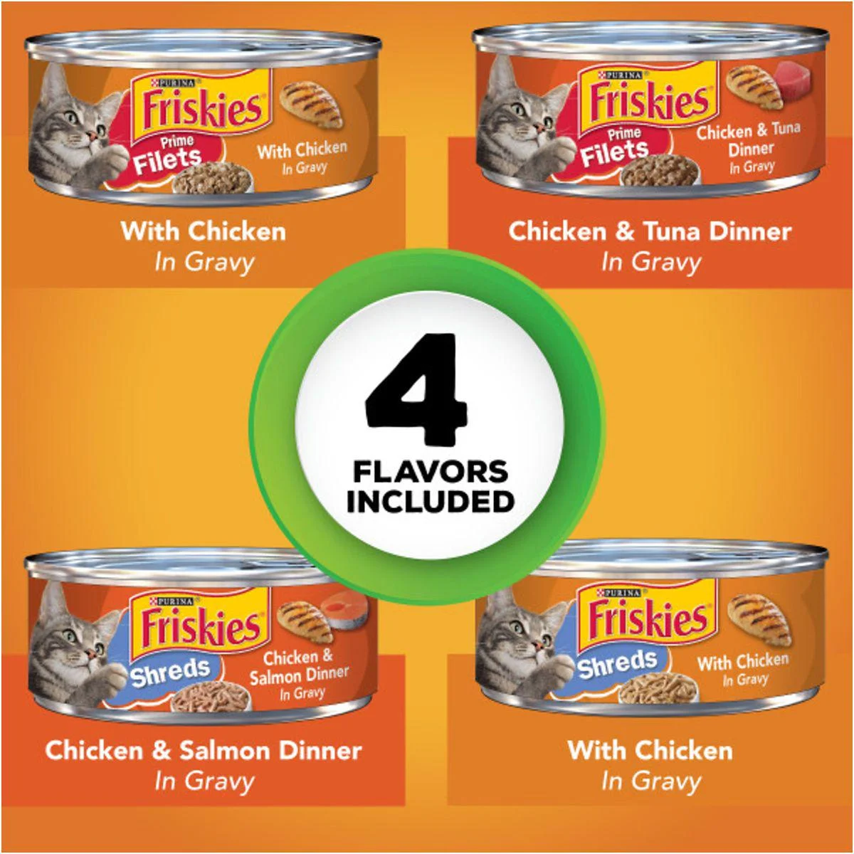 Friskies Chicken Lover's Prime Filets Adult Chicken, Tuna and Salmon in Gravy Wet Cat Food Variety Pack, 5.5 oz. Can, Pack of 32