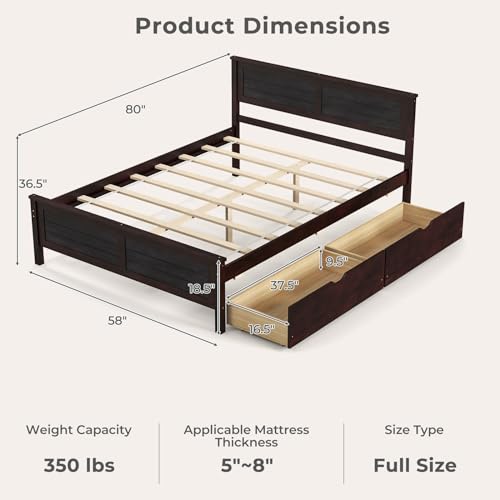 Giantex Wood Full Size Bed Frame with 2 Storage Drawers, Solid Wood Platform Bed with Headboard, Wooden Slats Mattress Foundation, No Spring Needed, Full Bed Frame for Kids, Teens, Adults, White