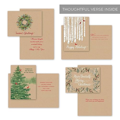 Masterpiece Holiday Greetings Trimmed In Scarlet Christmas Cards / 16 Boxed Snowy Cardinal Wreath Holiday Cards With Silver Foil Lined Envelopes / 5 5/8