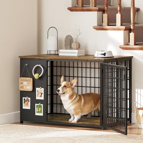 Foldable Dog Crate Furniture, Dog Crate with DIY Frame, Heavy Duty Dog Kennel Indoor with Hooks, Wooden Dog Cage End Table, for Small/Medium Dogs, White and Walnut DC95WH