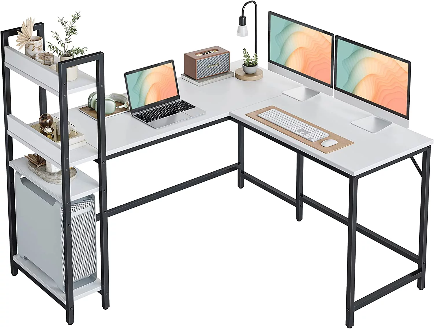 FJU L Shaped Desk, 51.1 Inch Computer Corner Desk with Hutch, Storage Shelves, Writing Gaming Study Desk with , White