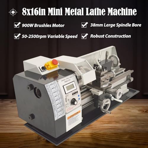 INTBUYING Metal Lathe 8''x16'' Benchtop Mini Lathe Machine Precision Hobby DIY Lathe Industrial Metal Wood Working Table Lathe 900W Brushless 50-2500RPM MT5 Spindle Taper Metric Thread WM210V 110V