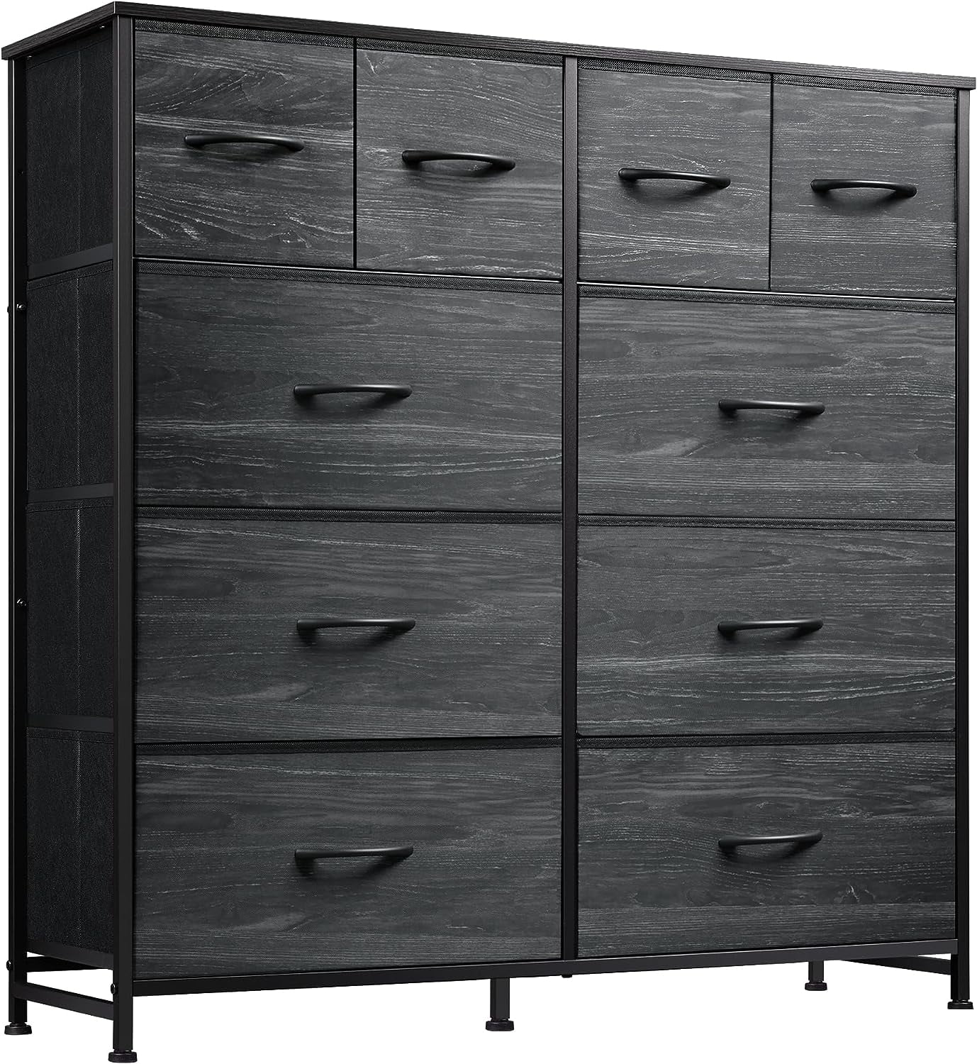 QCAI Fabric Dresser for Bedroom, Storage Drawer Unit,Dresser with 10 Deep Drawers for Office, College Dorm, Charcoal Black Wood Grain Print