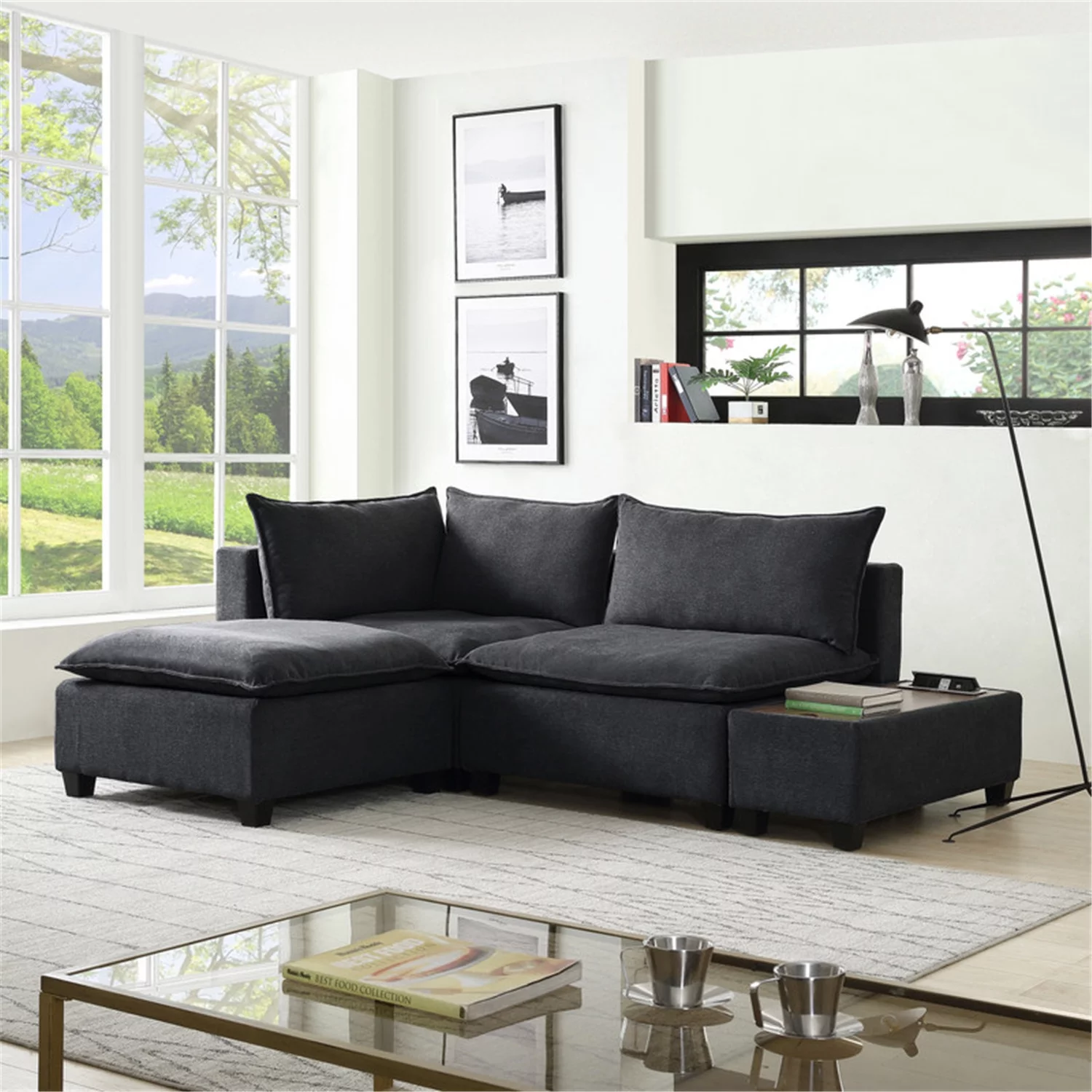 Maykoosh Seaside Style Dark Gray Fabric Sectional Loveseat Ottoman with USB Storage Console Table