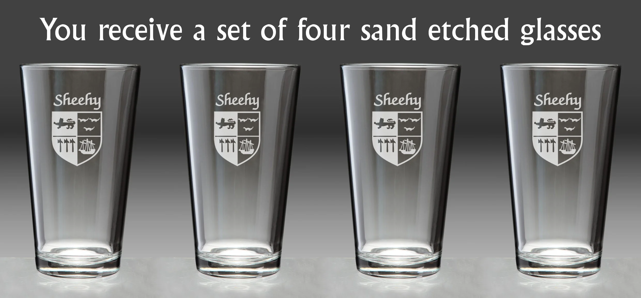 Sheehy Irish Coat of Arms Pint Glasses - Set of 4 (Sand Etched)