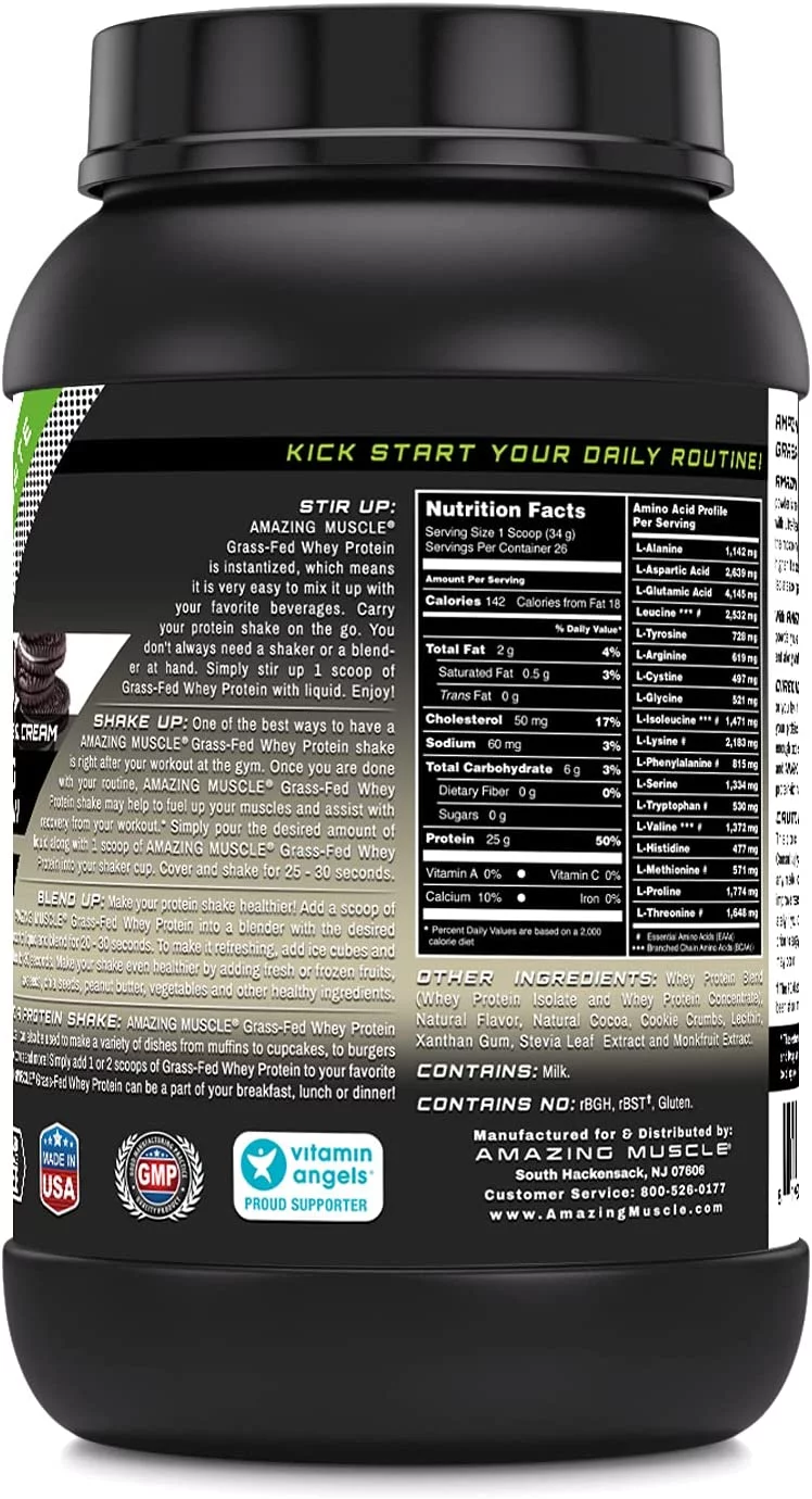 Amazing Muscle Grass Fed Whey Protein (Isolate & Concentrate) - 2Lbs - Cookies & Cream Flavor