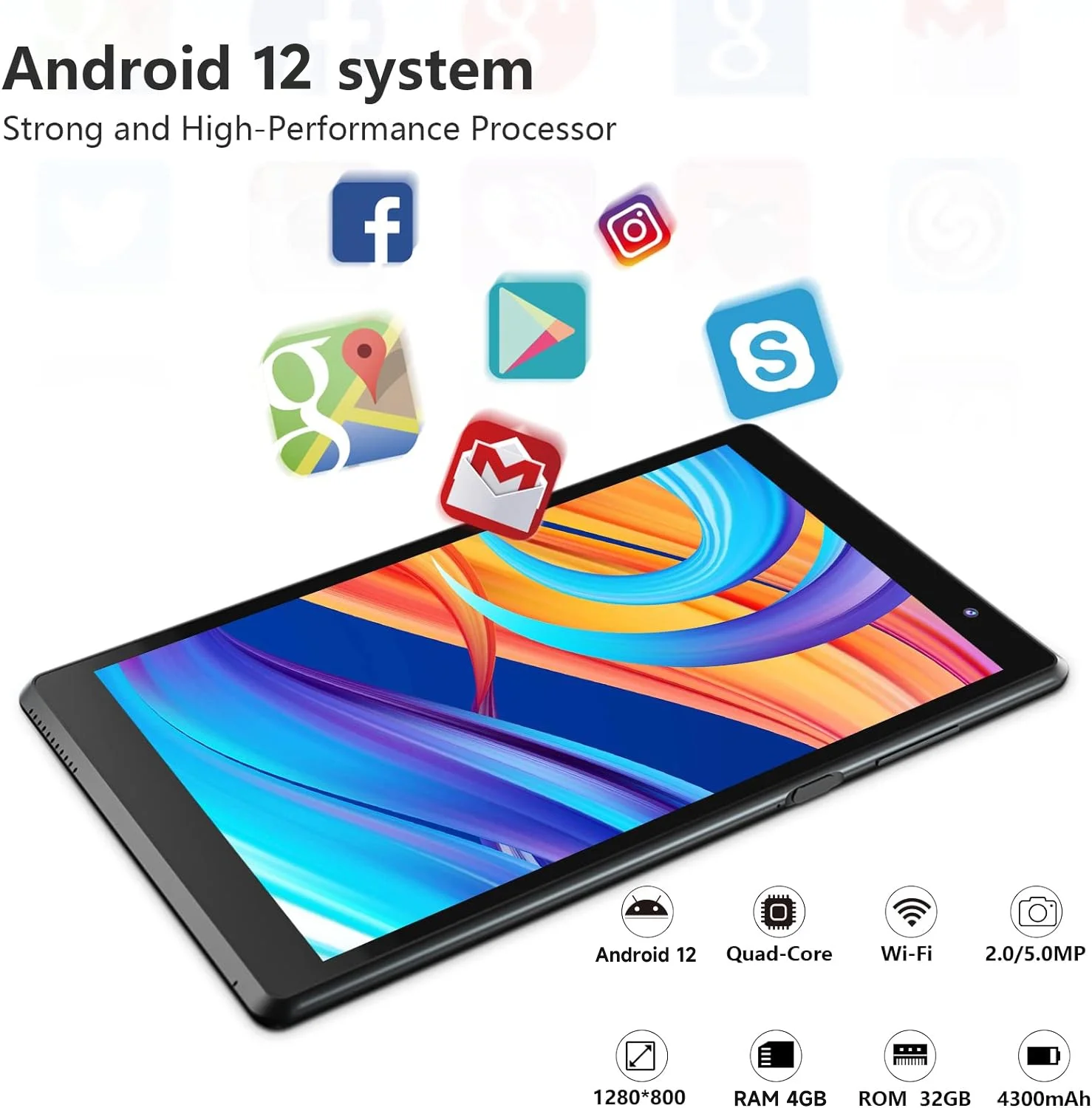 8 inch Android 12 Tablet, Quad-Core RAM 4GB+ROM 32GB Tablets 1280*800 IPS HD Display 4300mAh Battery, 2MP+5MP Dual Camera, Tableta PC with Leather Case(Black)
