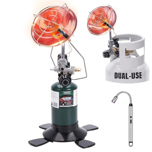 2 in 1 Tent Heater for Camping Outdoor Propane Fuel on 1lb Gas Tank & 20-40lb POL Adapter LP Tanks Portable Golf Cart With Safety Shut-off Valve Tip-over Switch, Sliver
