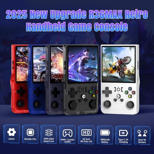 2025 New Upgrade R36MAX Retro Handheld Game Console with 128GB Built-in 22000 Classic Games, Portable Hand Held Open Source Linux System 4.0-in 4k HD IPS Screen Video Player (Red 128GB)