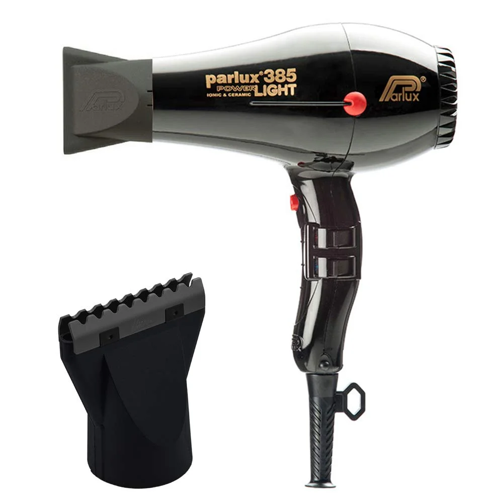Bundle 2: (1) Parlux 385 Powerlight Black Hair Dryer and (1) M Hair Designs Hot Blow Attachment Silver