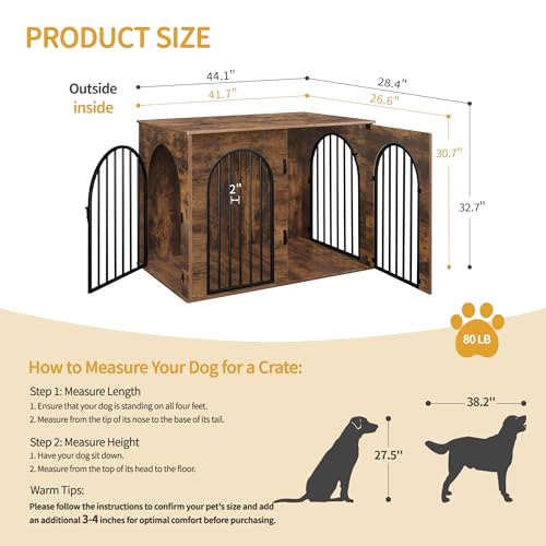 31.5'' Wooden Dog Crate Furniture TV Stand, Indoor Dog Kennel for Small/Medium Dogs, End Side Table Dogs Crates, Anti-Chew, Anti-Escape, Arched Door Design, Greige Black DFC85105B