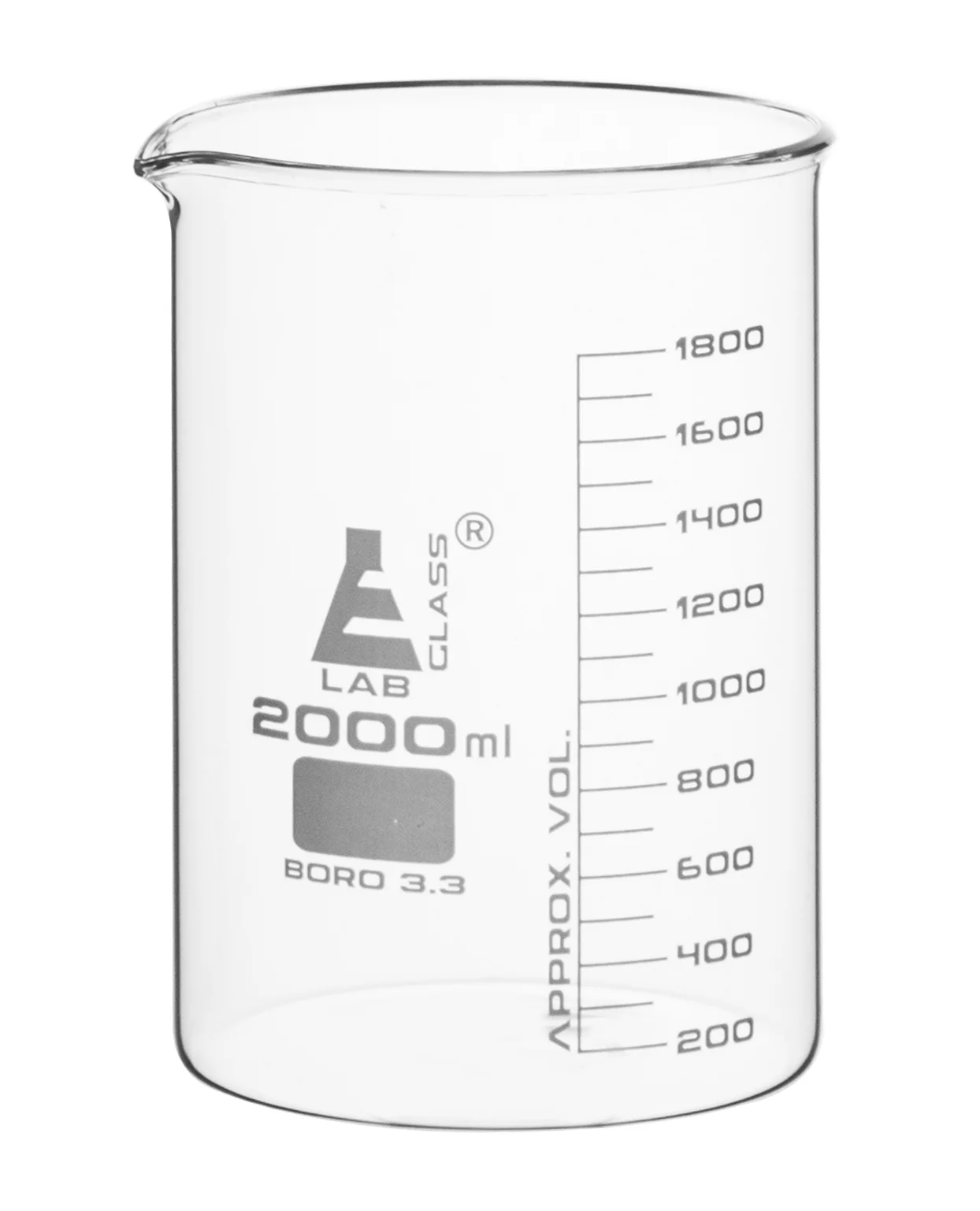 Beaker, 2000ml - Borosilicate Glass, Low Form, with Spout - 200ml Graduations - Eisco Labs
