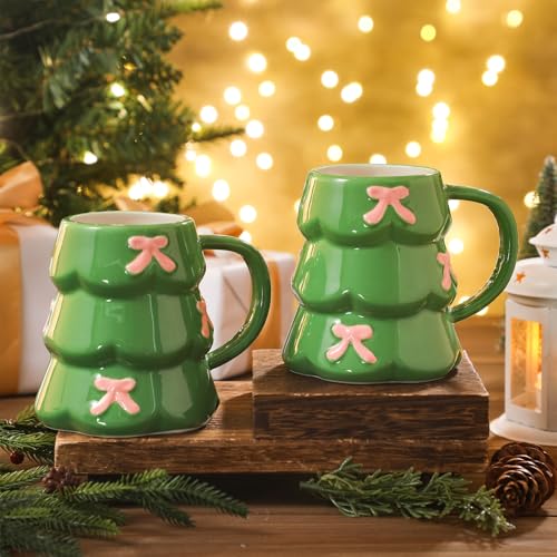 2 Pcs Christmas Tree Mug with Pink Bows 18oz Green Holiday Ceramic Coffee Mug, Cute Tree Shape Cup for Hot Cocoa, Tea, Latte, Festive Christmas Winter Gift for Women Holiday Lovers
