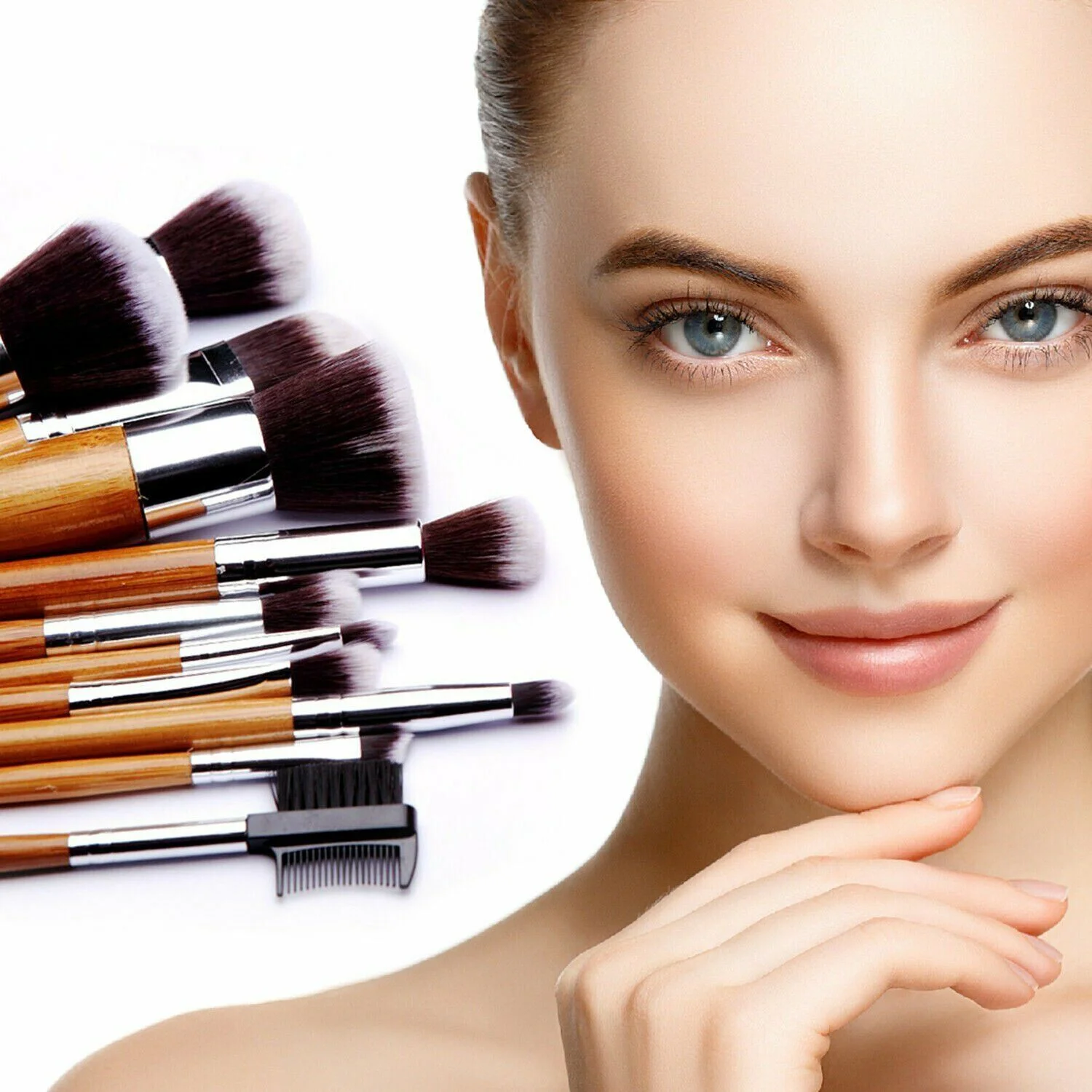 Makeup Brush Set (12-Piece) Kabuki Bamboo Handle & FREE Brush Egg