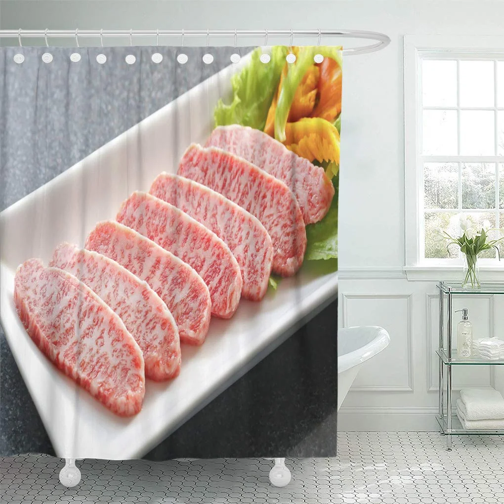 CYNLON Red Meat Premium ese Wagyu Beef Sliced on Plate Bathroom Decor Bath Shower Curtain 60x72 inch