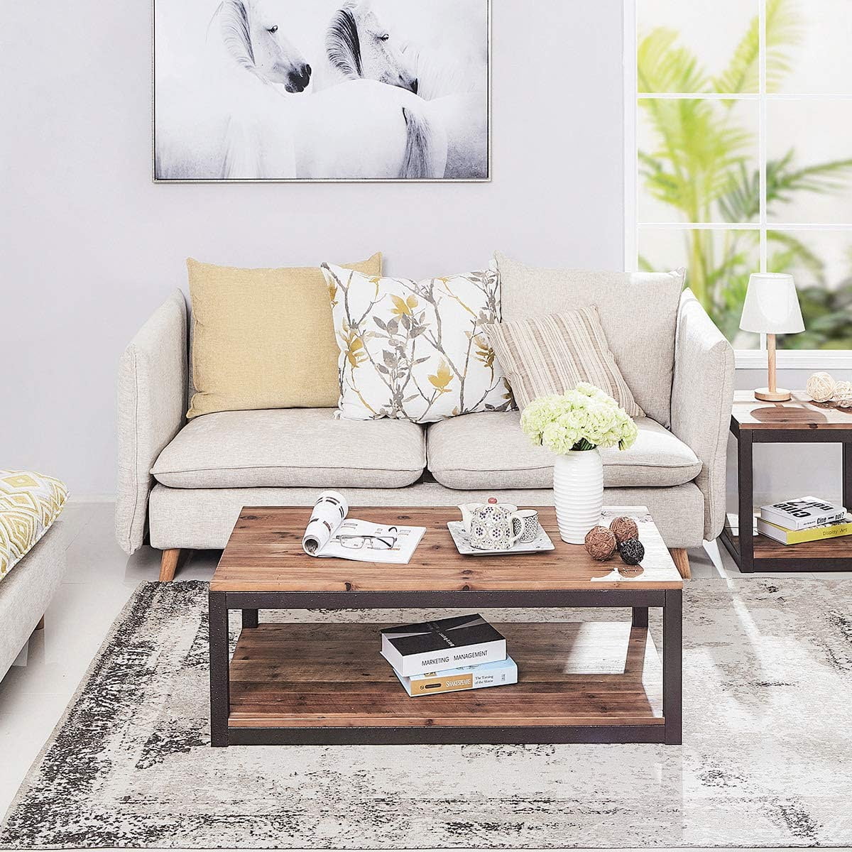 Minority Royal Vintage Industrial Farmhouse 43.3 inches Coffee Table with Storage Shelf for Living Room  Accent Cocktail Table  Real Natural Reclaimed Wood  Sturdy Rustic Brown Metal Fram