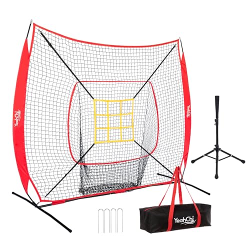 7×7FT Baseball Net with Batting Tee and Strike Zone Target, Portable Hitting Pitching Batting Training Net, Baseball and Softball Training Equipment,Suitable for All Skilled Levels