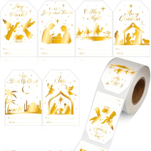 Containlol 300 Pcs Christmas Gift Stickers Nativity White Gold Name Tags Xmas Self Adhesive Label Stickers Roll Christmas Birth of Christ Religious Foil Labels Xmas Winter Holiday Party Decor Supplies