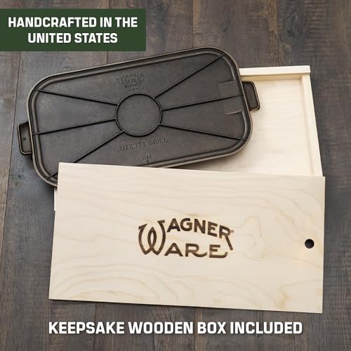 Wagner Cast Iron Griddle – 1950 Vintage Reissue in Wooden Box – Double Burner Griddle for Stovetop & Outdoor Cooking – Pre-Seasoned Cast Iron – Handcrafted in USA – Naturally Nonstick