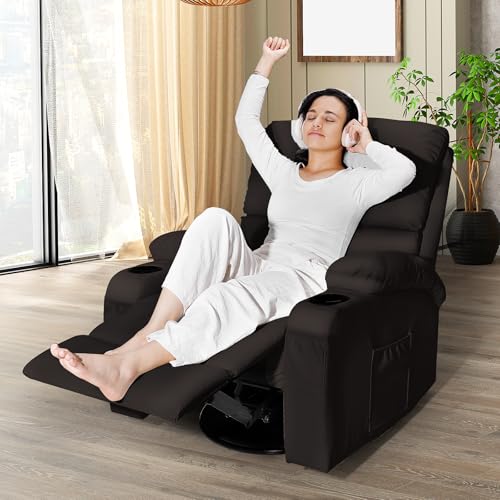 Rocking Recliner Chair, Massage Rocker Recliner Chair with Vibration Massage and Heat, 360° Swivel Faux Leather Chairs, Living Room, Bedroom, Nursery, RV, Black