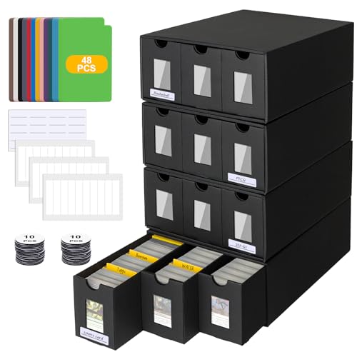 12000+ Trading Card Storage Box for Commander Display, Card Deck Box Cardboard with 48 Dividers, Labels & Tapes, Trading Card Collection Box Fit for TCG, PTCG, MTG and Sport Cards