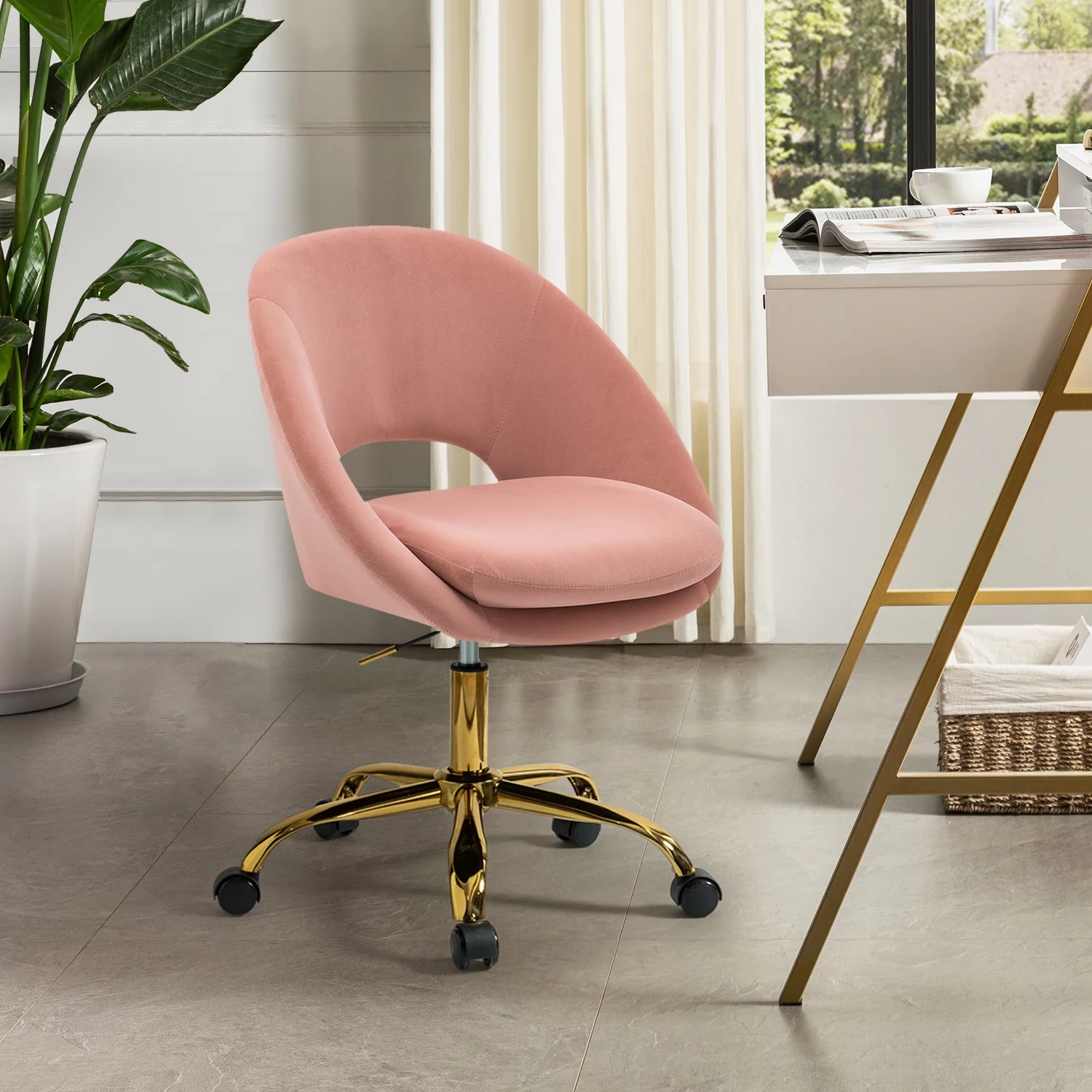 Velvet Home Office Chair, Tina's Home Swivel Accent Chair Adult Makeup Chair Metal Leg Bedroom,Pink