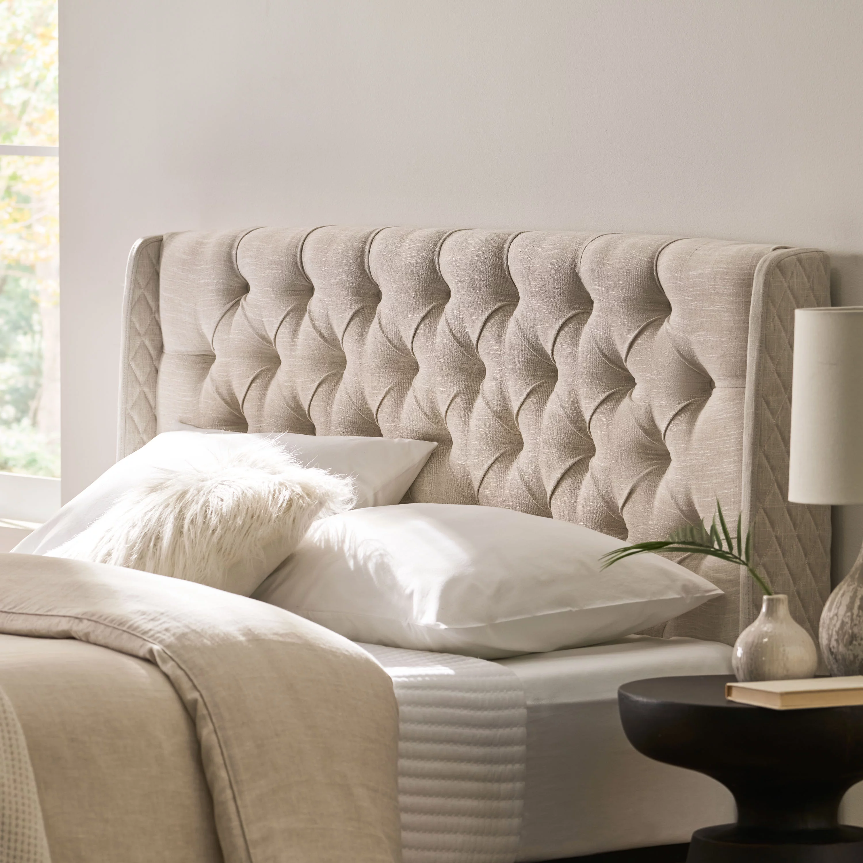 Denise Austin Home Bordeaux Contemporary Full/Queen Tufted Wingback Fabric Headboard, Eggshell and Black